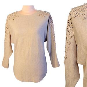 Siren Lily Cream Floral Crochet Pearls Applique Sleeves Sweater Small P NWOT